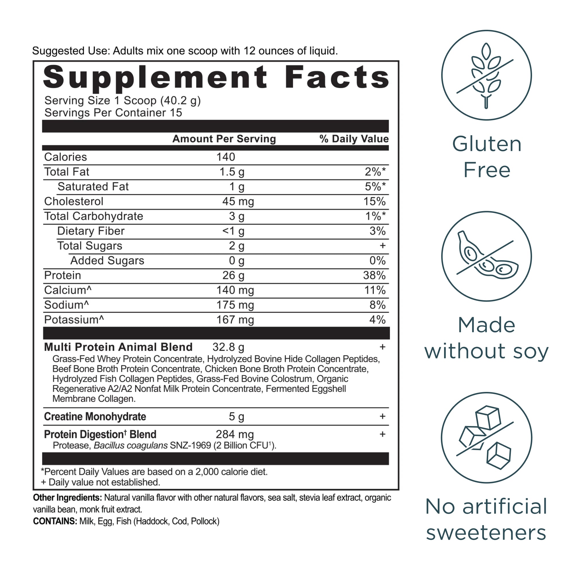 Supplement facts label with nutritional information and icons indicating gluten-free, soy-free, and no artificial sweeteners.