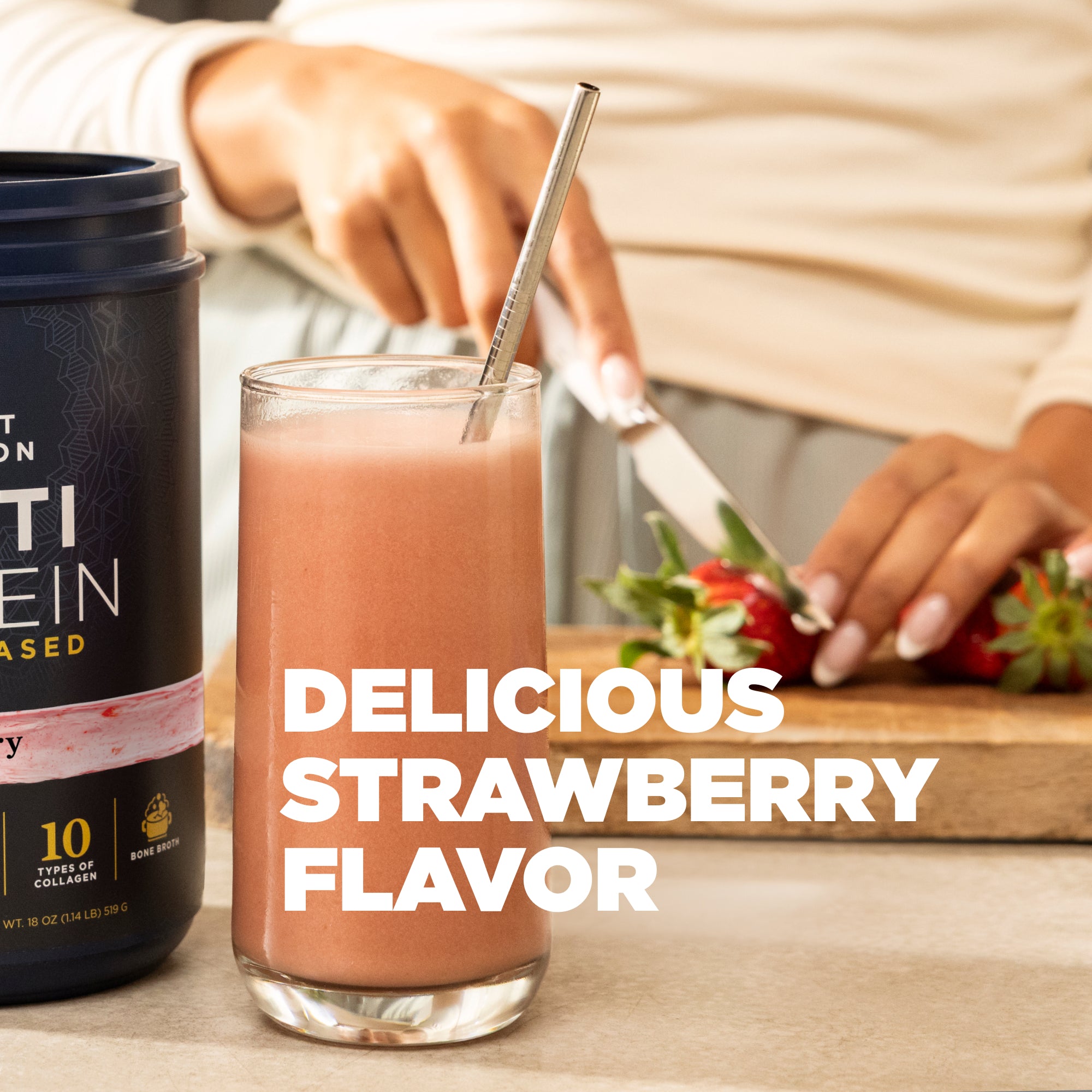 Glass of strawberry smoothie with a protein powder container, text 'Delicious Strawberry Flavor'.