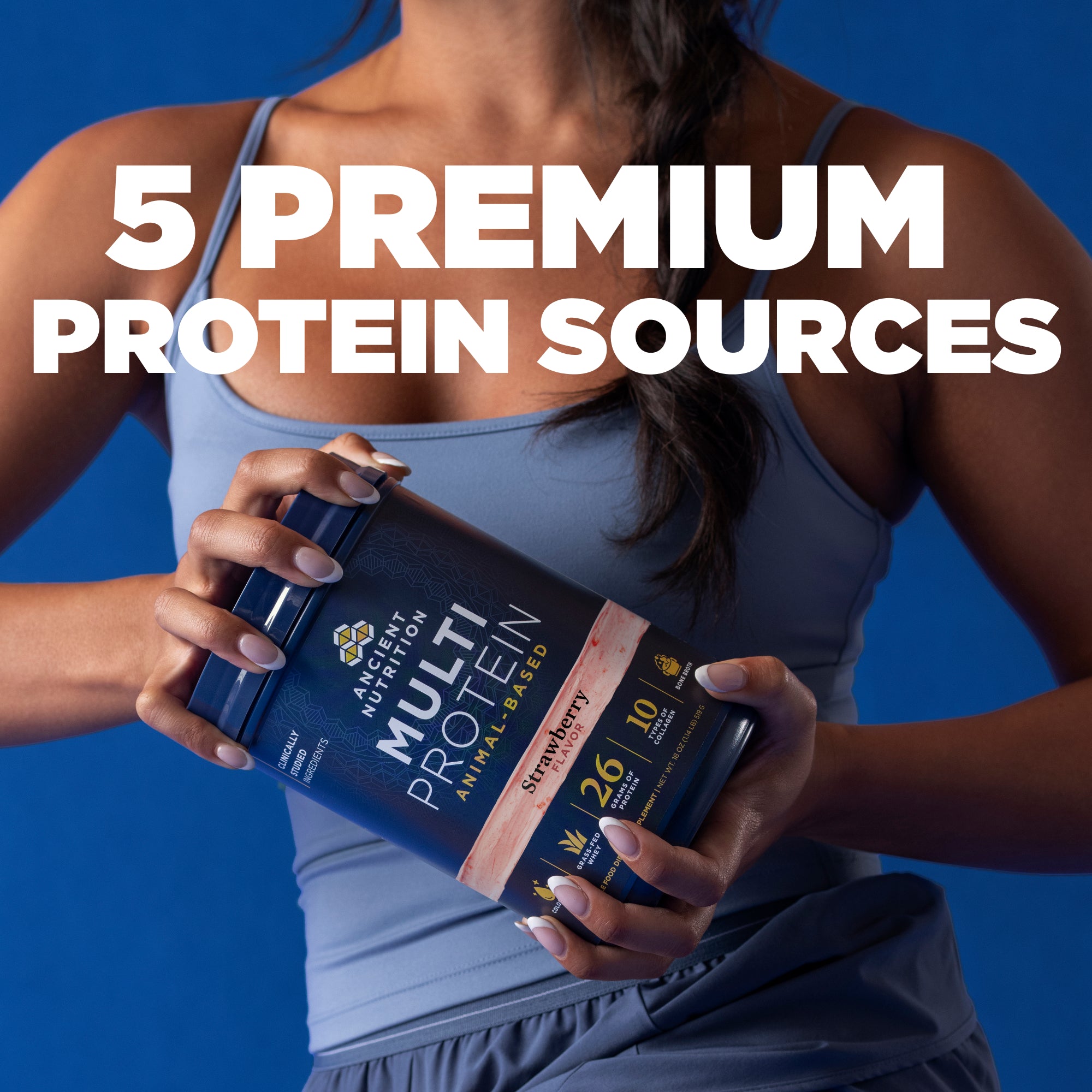 Person holding a protein supplement with text '5 Premium Protein Sources' on a blue background