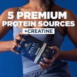 Person holding a protein supplement with text about premium protein sources and creatine on a blue background