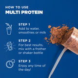 Instructions on how to use multi protein powder with a blue background