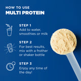 Instructions on how to use multi protein powder with a scoop on a blue background