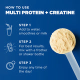 Instructions on how to use multi protein + creatine with a scoop of powder on a blue background