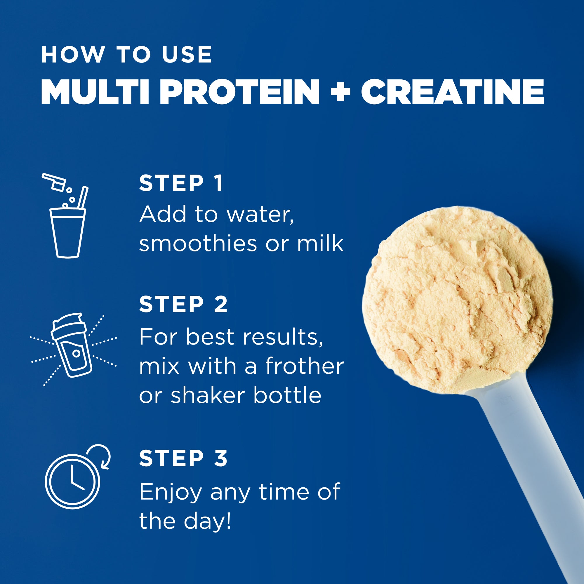 Instructions on how to use multi protein + creatine with a scoop of powder on a blue background