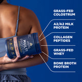 Person holding a protein supplement with text detailing protein sources on a blue background