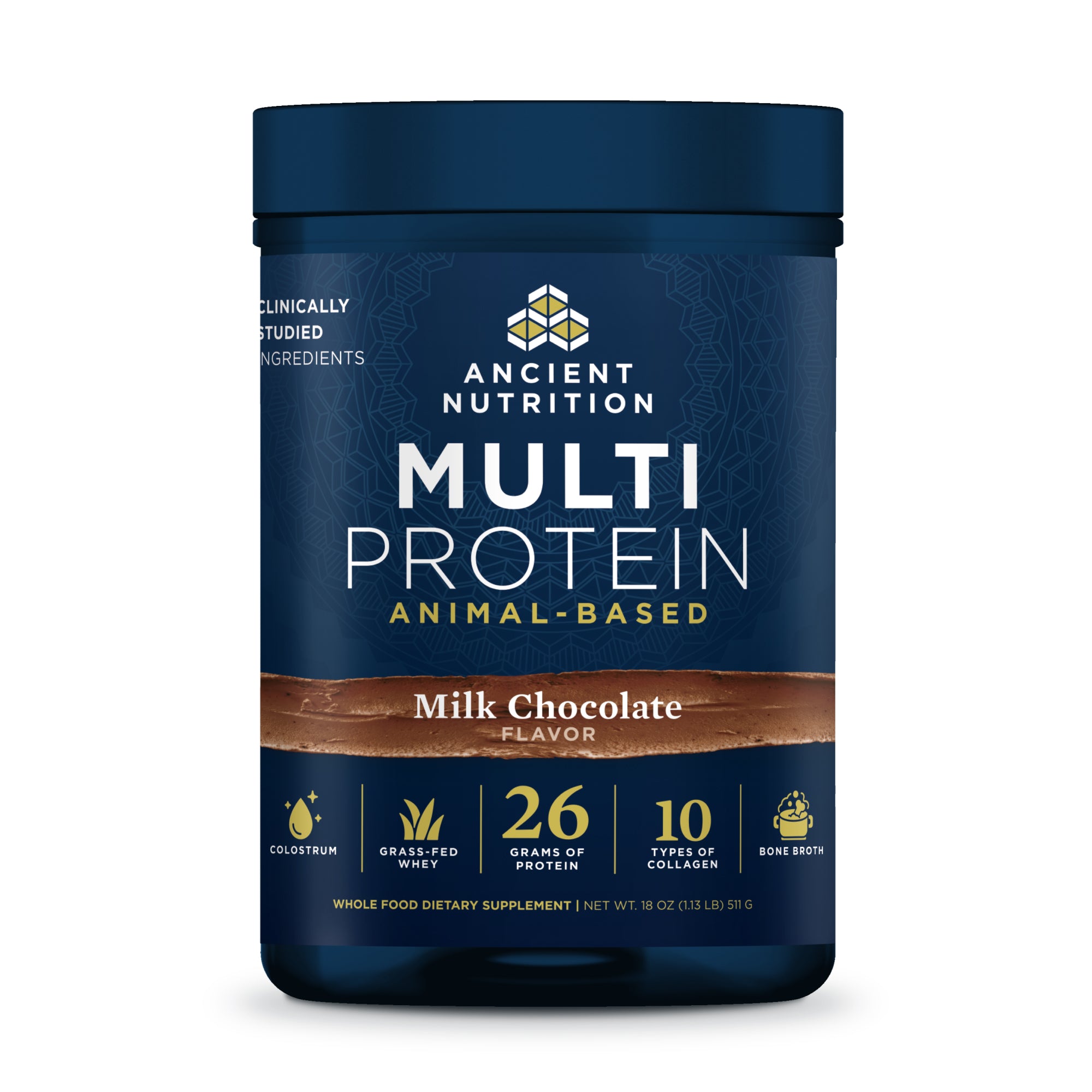 Ancient Nutrition Multi Protein container with blue label on a white background