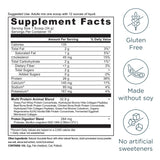 Supplement facts label with nutritional information and icons indicating gluten-free, soy-free, and no artificial sweeteners.