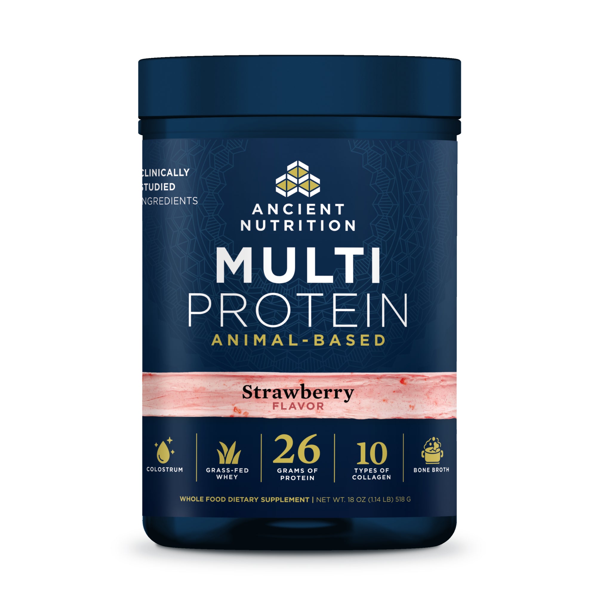Ancient Nutrition Multi Protein supplement container with strawberry flavor on a white background
