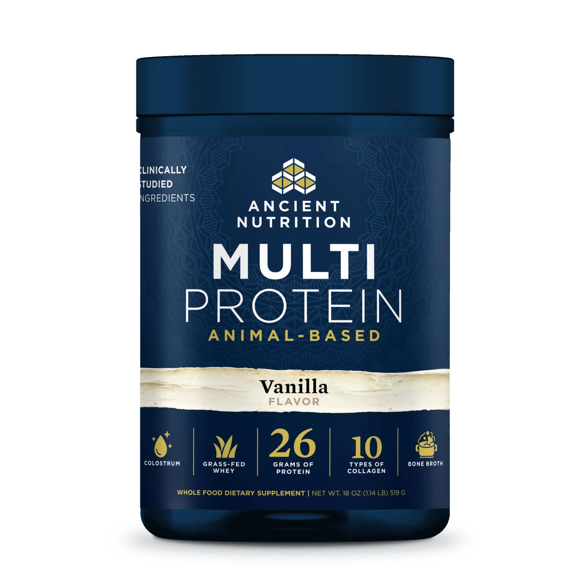 Ancient Nutrition Multi Protein container with vanilla flavor on a white background