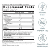 Supplement facts label with nutritional information and icons indicating gluten-free, soy-free, and no artificial sweeteners.