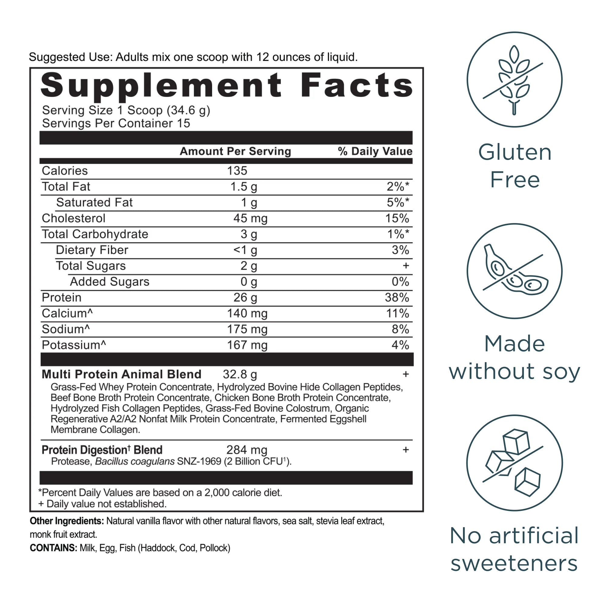 Supplement facts label with nutritional information and icons indicating gluten-free, soy-free, and no artificial sweeteners.