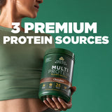 Person holding a container of Ancient Nutrition Multi Protein with text '3 Premium Protein Sources' on a green background