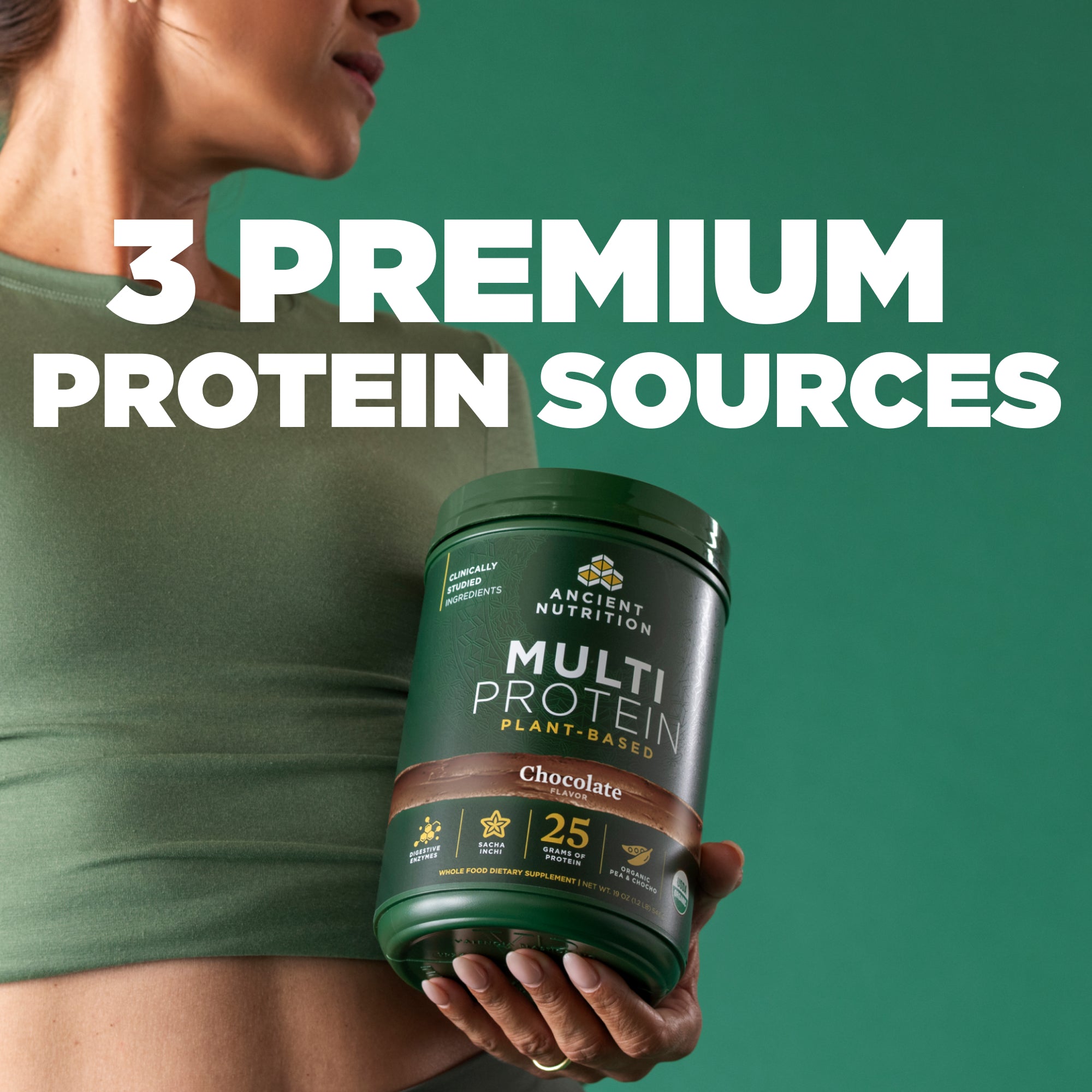 Person holding a container of Ancient Nutrition Multi Protein with text '3 Premium Protein Sources' on a green background