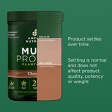 Container of Ancient Nutrition multi PROTEIN PLANT BASED on a green background with text about product settling.