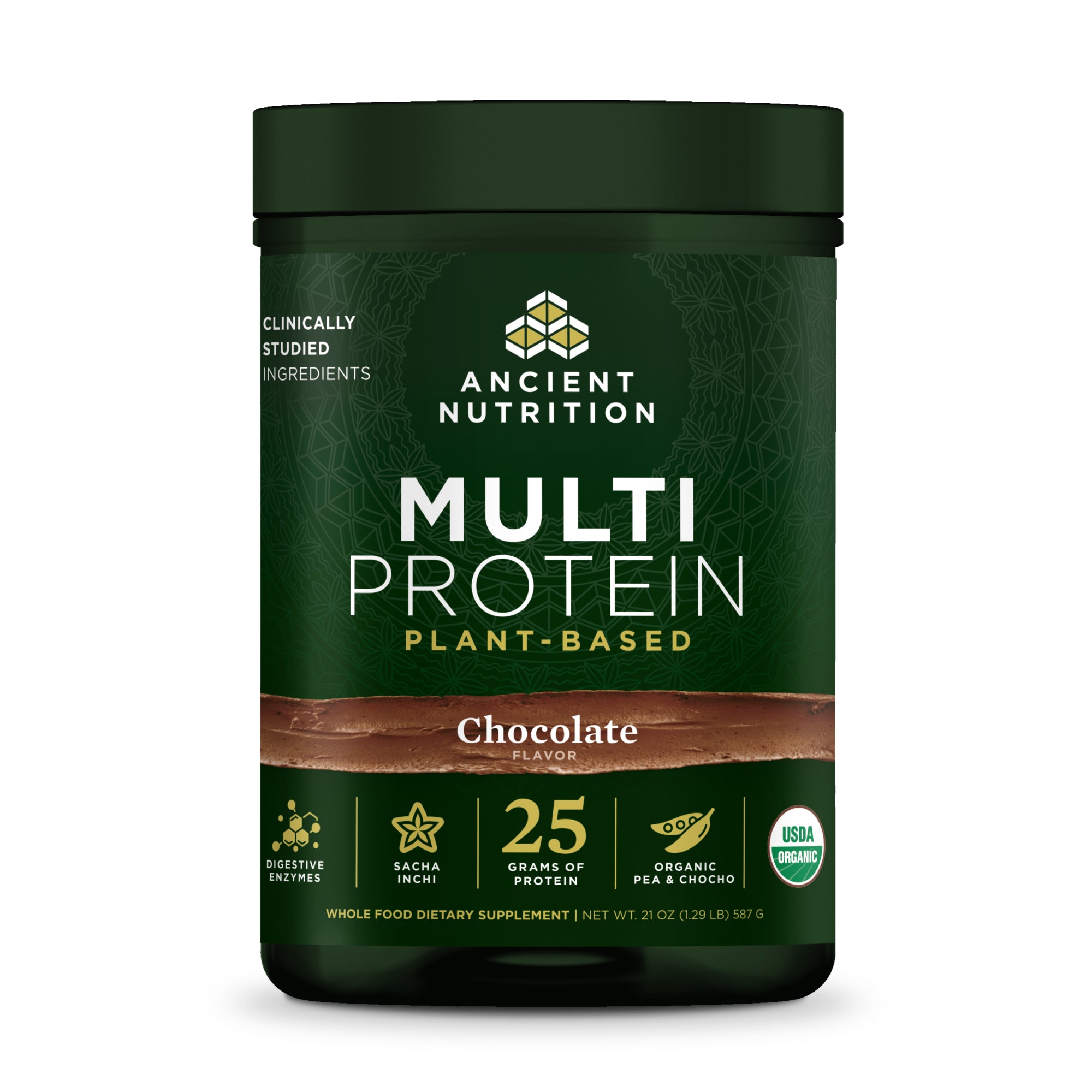 Green container of Ancient Nutrition Multi Protein Plant-Based supplement on a white background