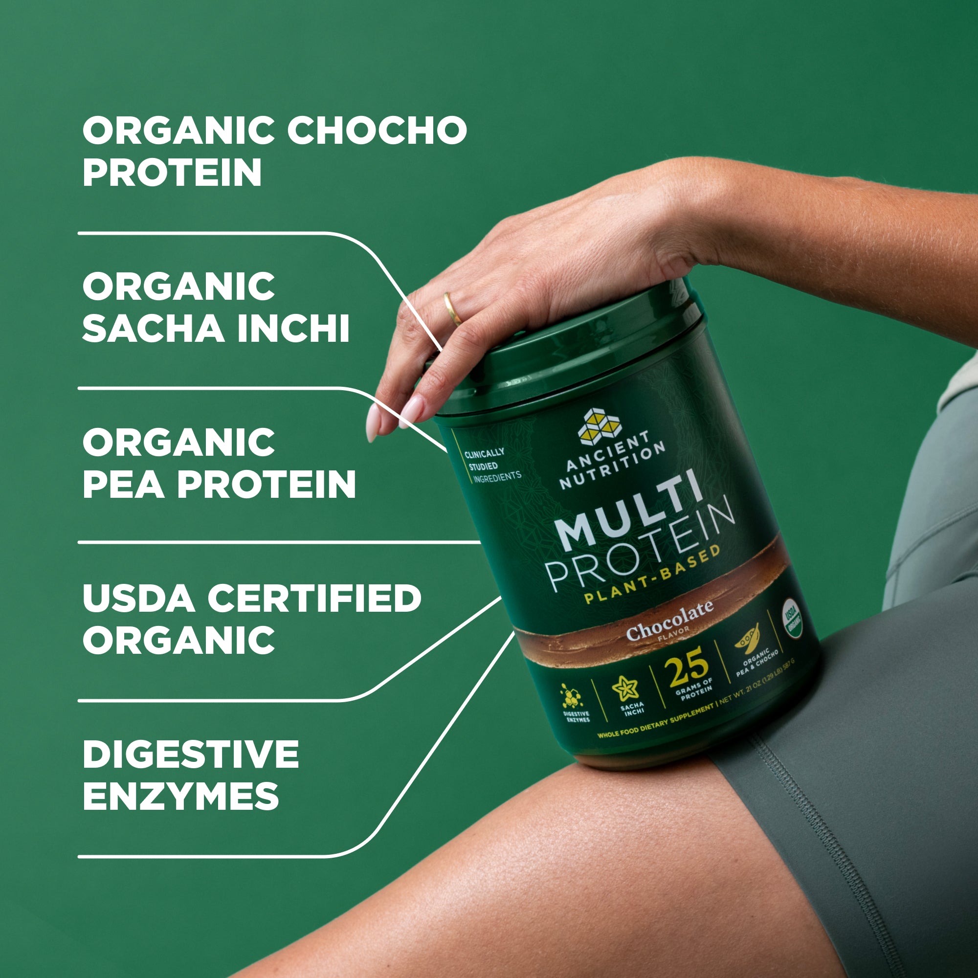 Person holding a green protein supplement container with text highlighting ingredients and certifications on a green background.