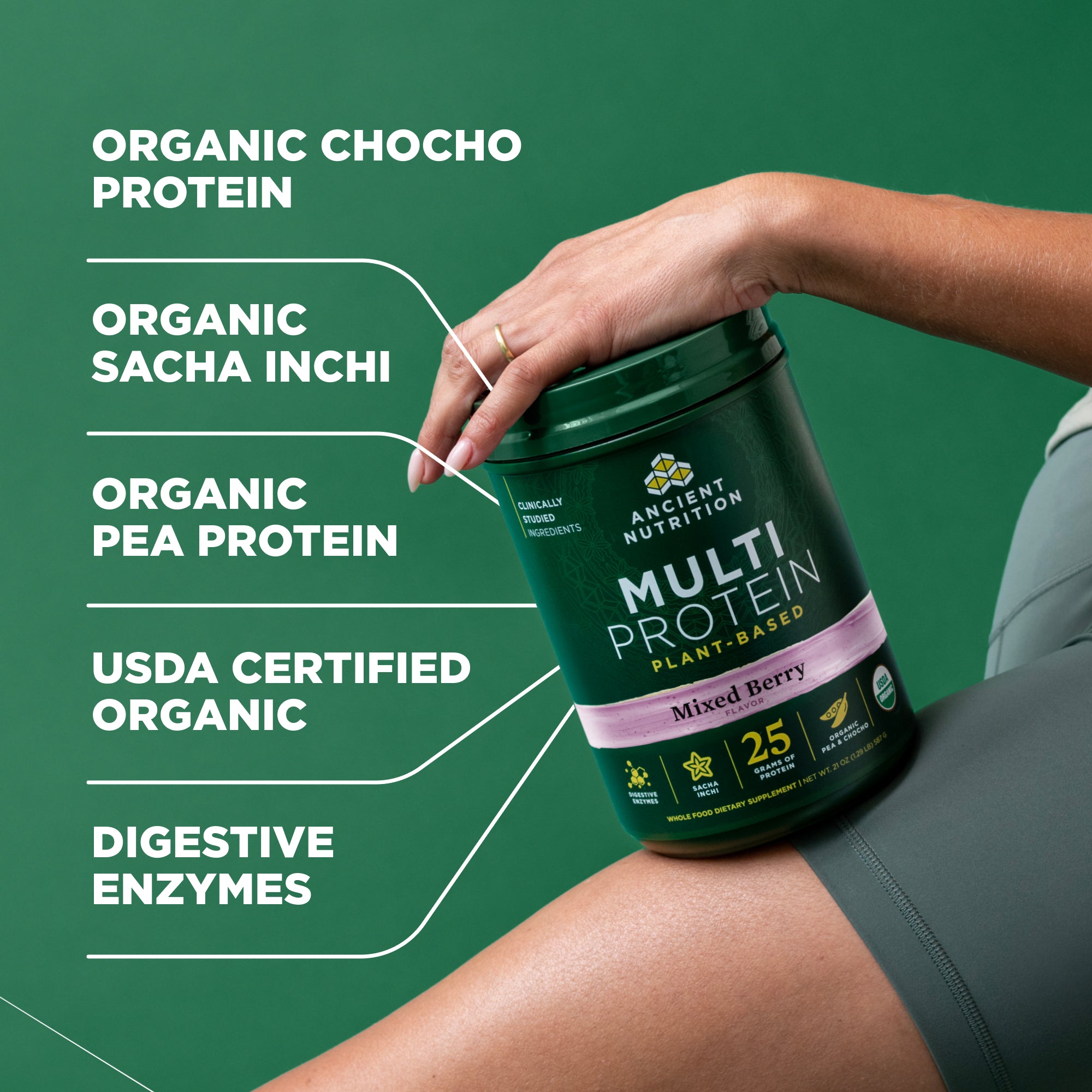 Person holding a protein supplement container with product details on a green background