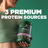 Person holding a container of Ancient Nutrition Multi Protein with text '3 Premium Protein Sources' on a green background