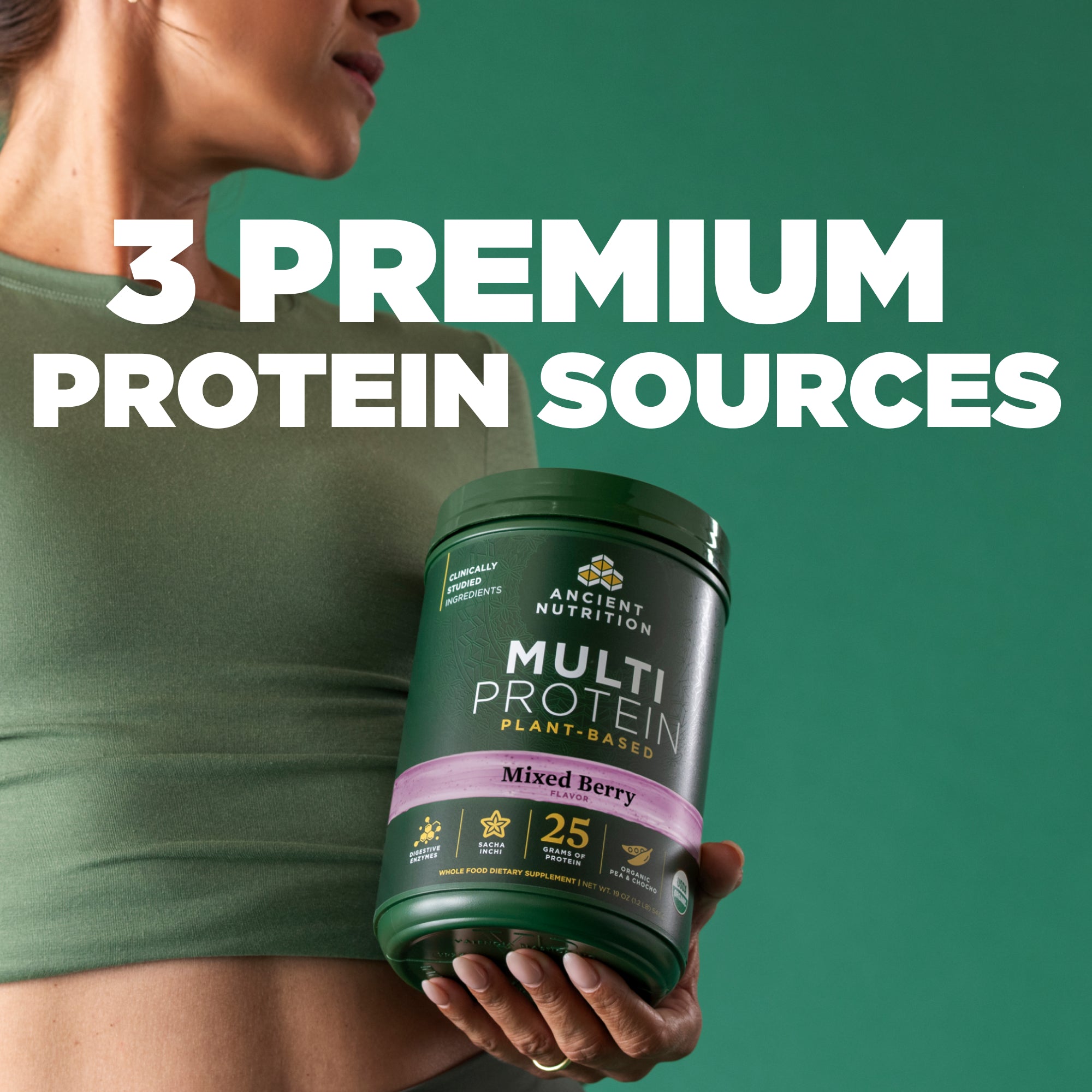 Person holding a container of Ancient Nutrition Multi Protein with text '3 Premium Protein Sources' on a green background