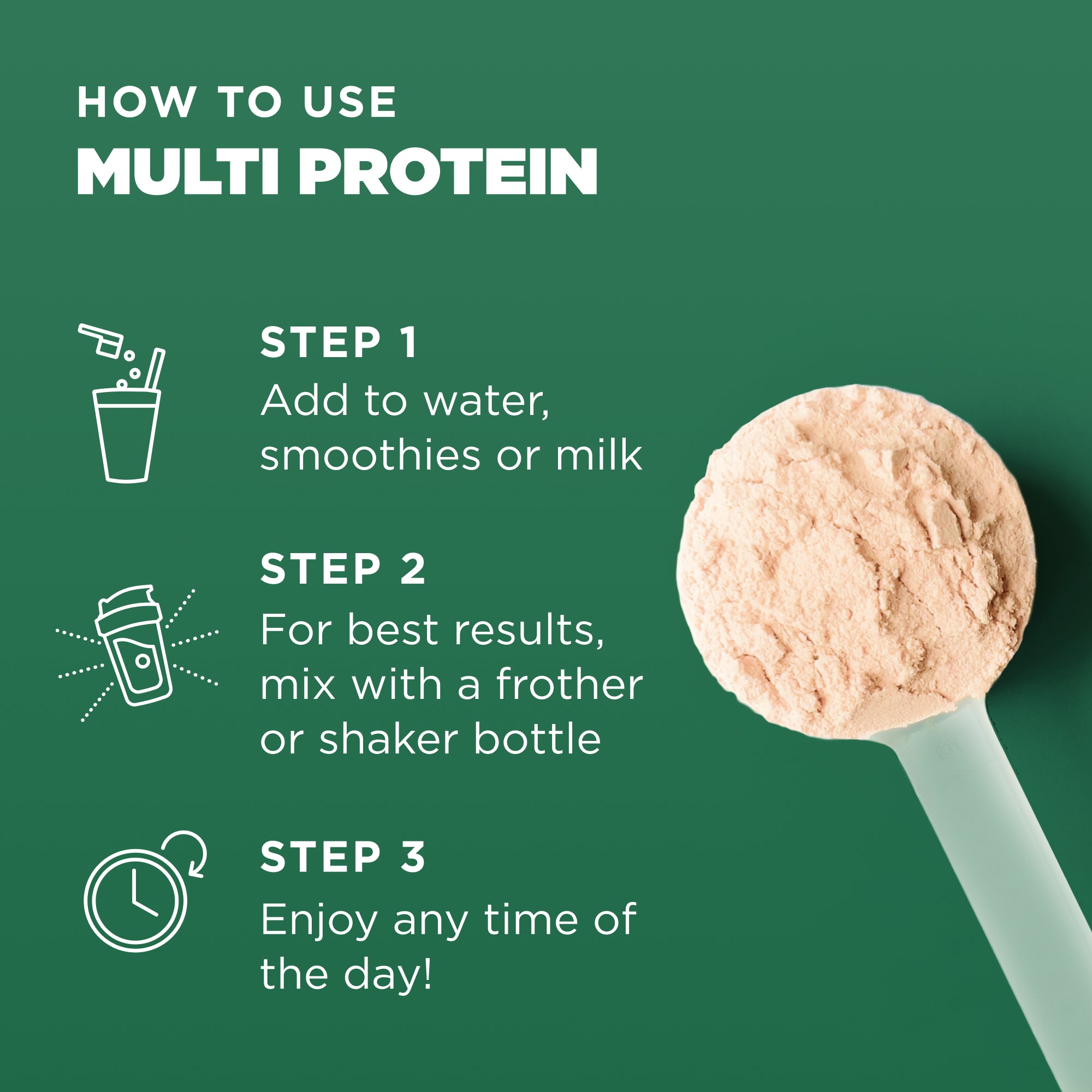 Instructional graphic on how to use multi protein powder with a scoop of powder on a green background.