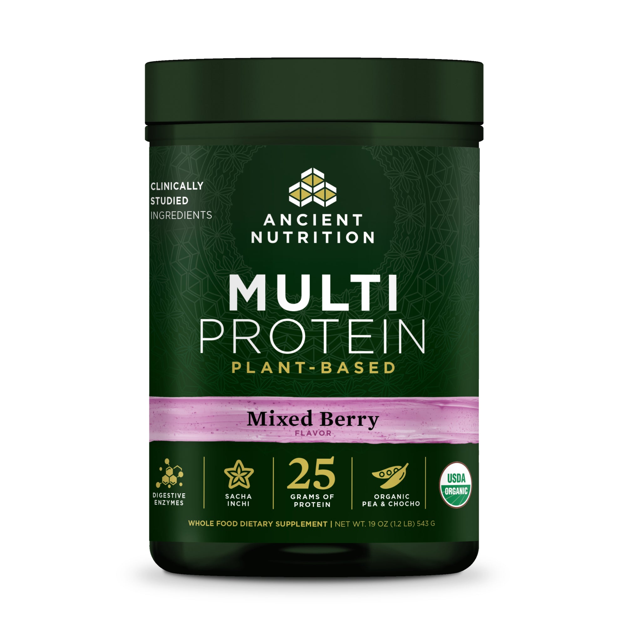 Ancient Nutrition Multi Protein plant-based mixed berry flavor supplement container on a white background