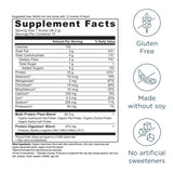 Supplement facts label with nutritional information and certification icons on a white background