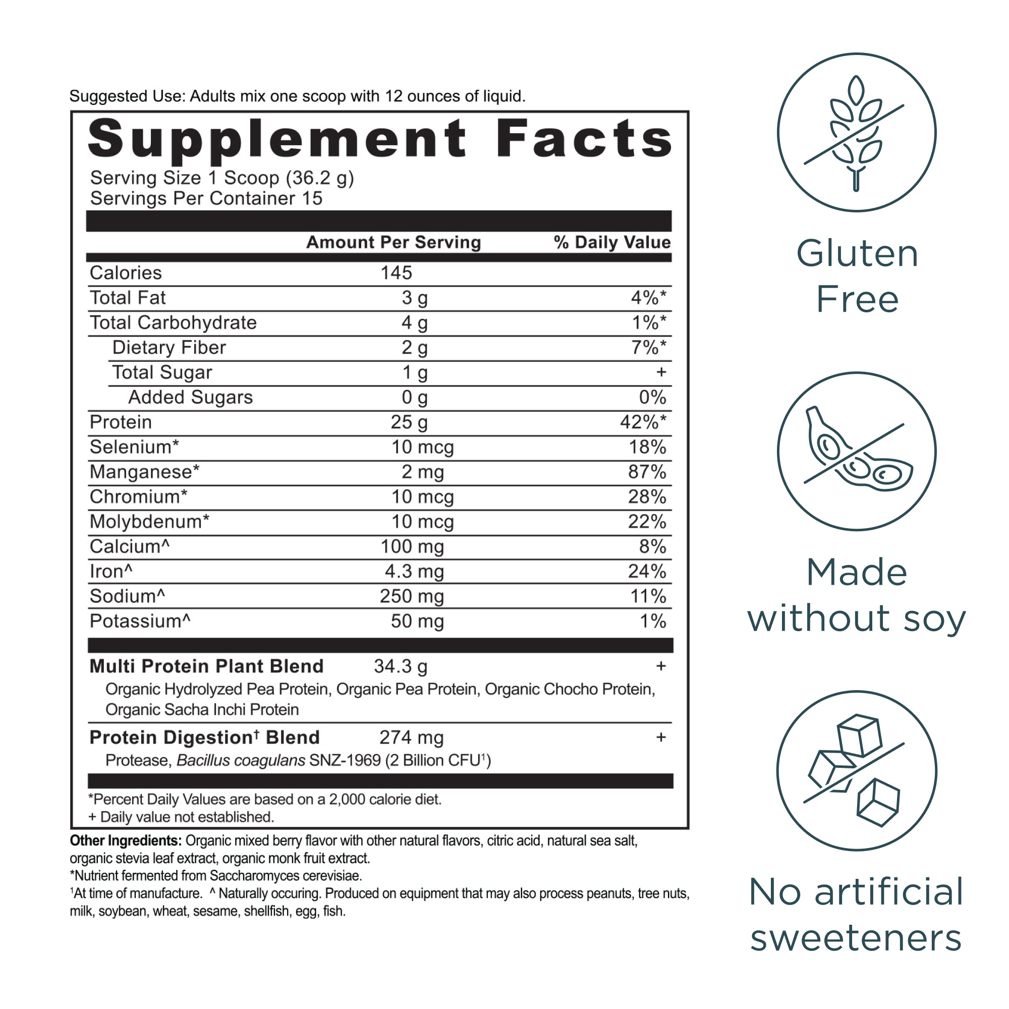 Supplement facts label with nutritional information and certification icons on a white background