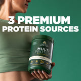 Person holding a container of Ancient Nutrition Multi Protein with text '3 Premium Protein Sources' on a green background