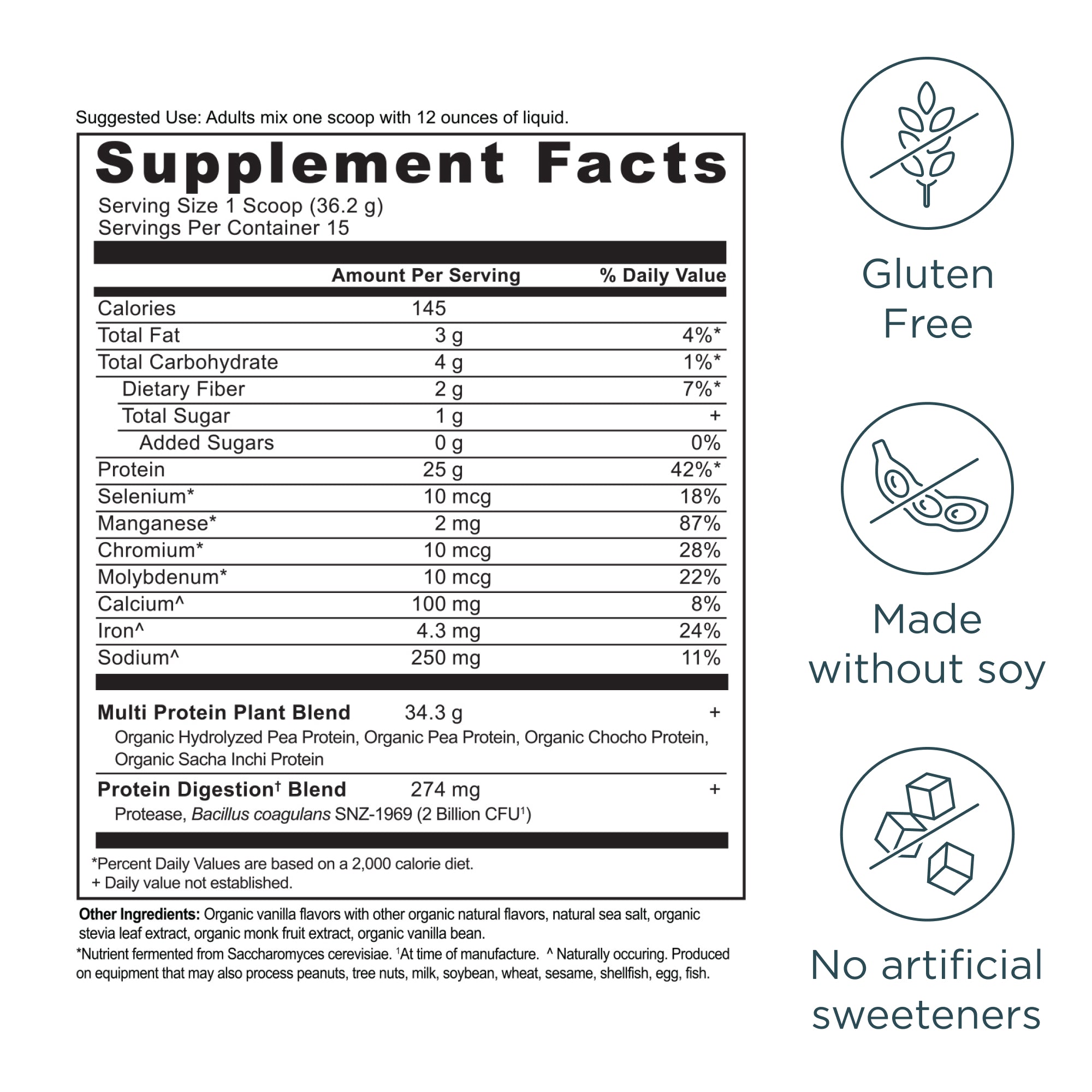 Supplement facts label with nutritional information and icons indicating gluten-free, soy-free, and no artificial sweeteners.