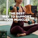 Woman exercising with dumbbells on a mat, with text overlay and a protein supplement container.