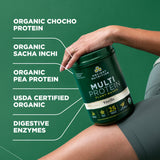 Person holding a protein supplement container with product details on a green background