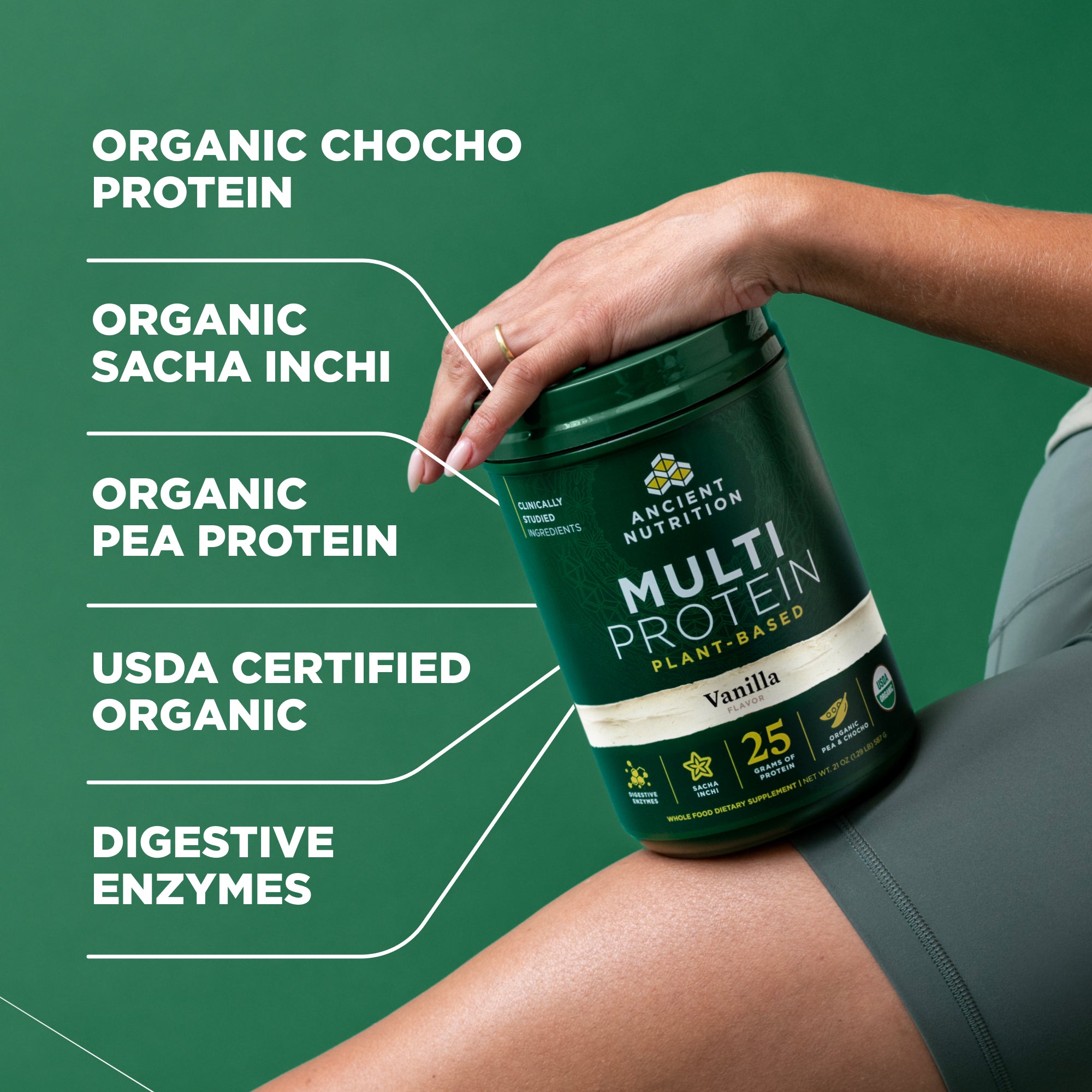 Person holding a protein supplement container with product details on a green background
