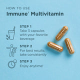 Immune multivitamin capsules with usage instructions on a blue background