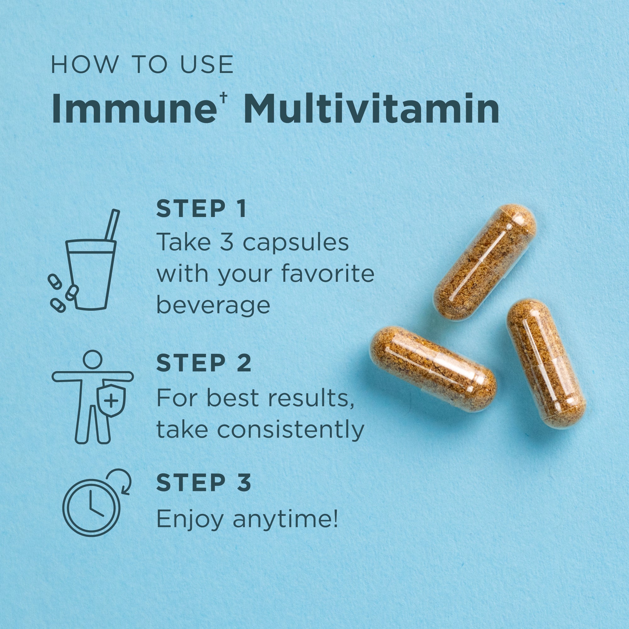 Immune multivitamin capsules with usage instructions on a blue background