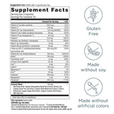 Supplement label with nutritional information and certification icons on a white background