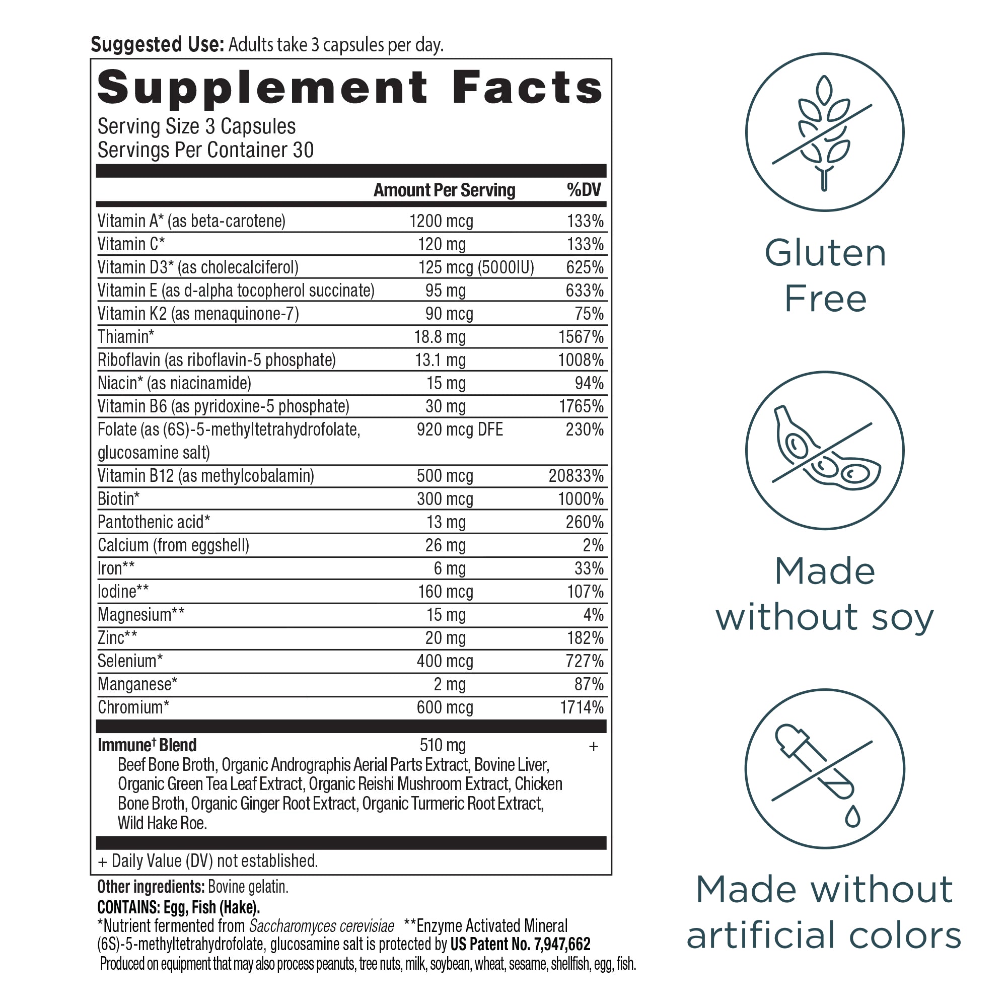Supplement label with nutritional information and certification icons on a white background