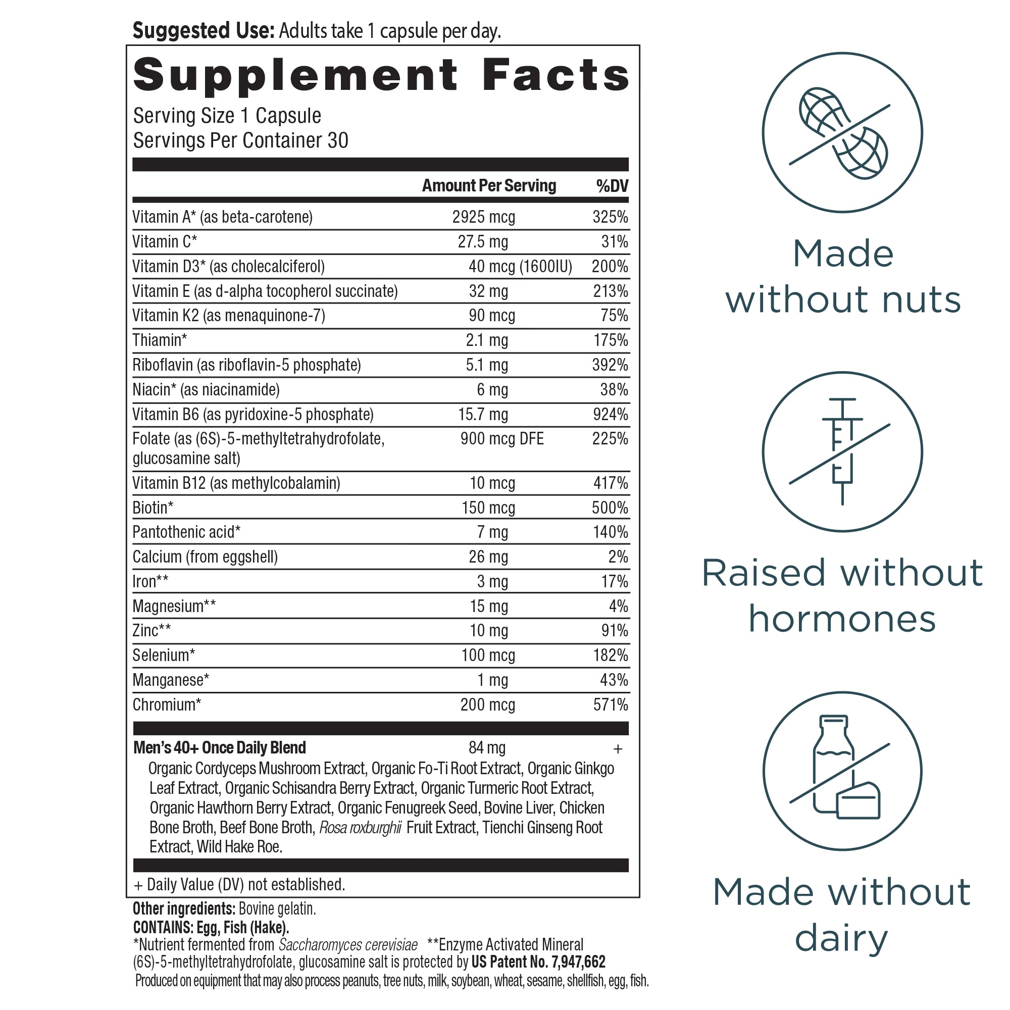 Supplement label with detailed nutritional information and certification icons on a white background