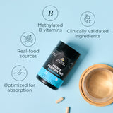 Men's fermented multivitamin bottle with health benefits on a light blue background