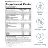 Supplement facts label with icons indicating gluten-free, nut-free, and dairy-free status.