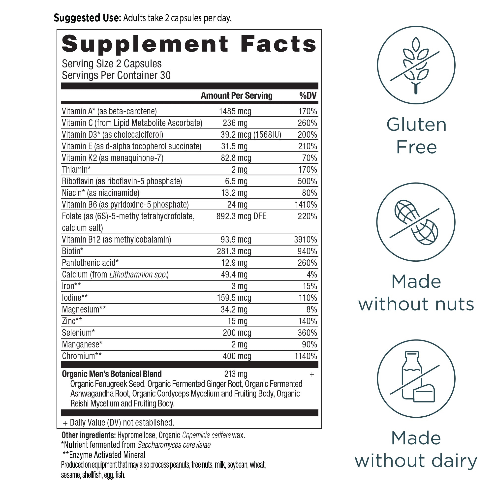 Supplement facts label with icons indicating gluten-free, nut-free, and dairy-free status.