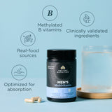 Men's multivitamin supplement bottle with key benefits on a light blue background