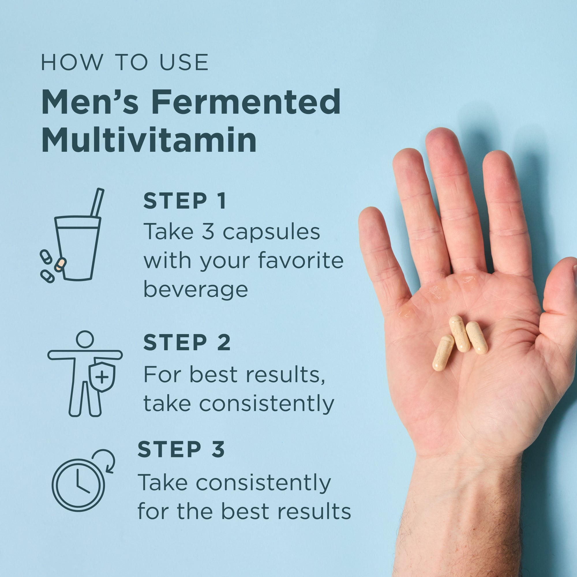 Hand holding capsules with instructions on how to use Men's Fermented Multivitamin on a light blue background