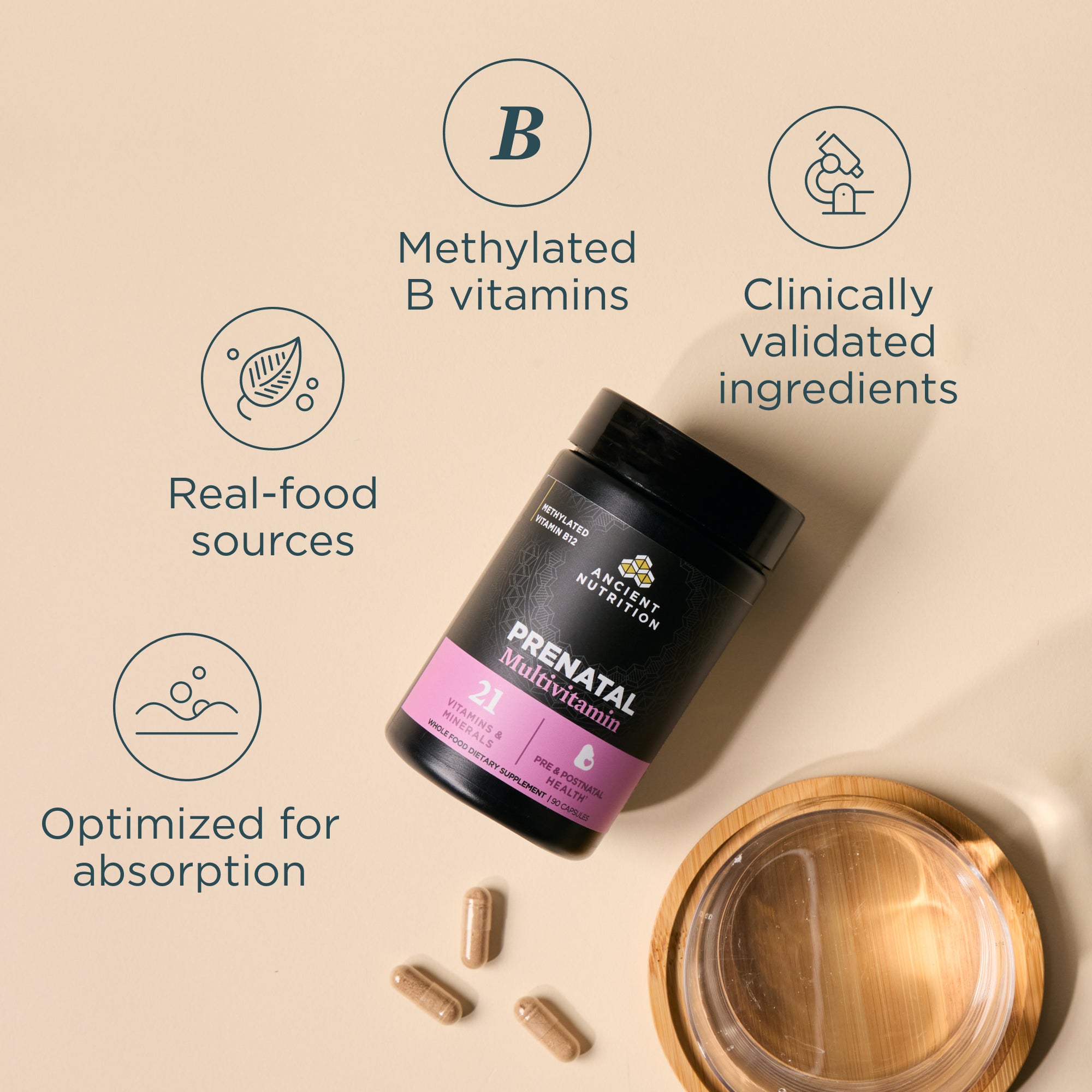 Prenatal multivitamin supplement with labeled benefits on a beige background