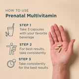 Prenatal multivitamin instructions with a hand holding capsules on a beige background