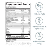 Supplement facts label with icons indicating 'Made without nuts', 'Raised without hormones', and 'Made without dairy'.