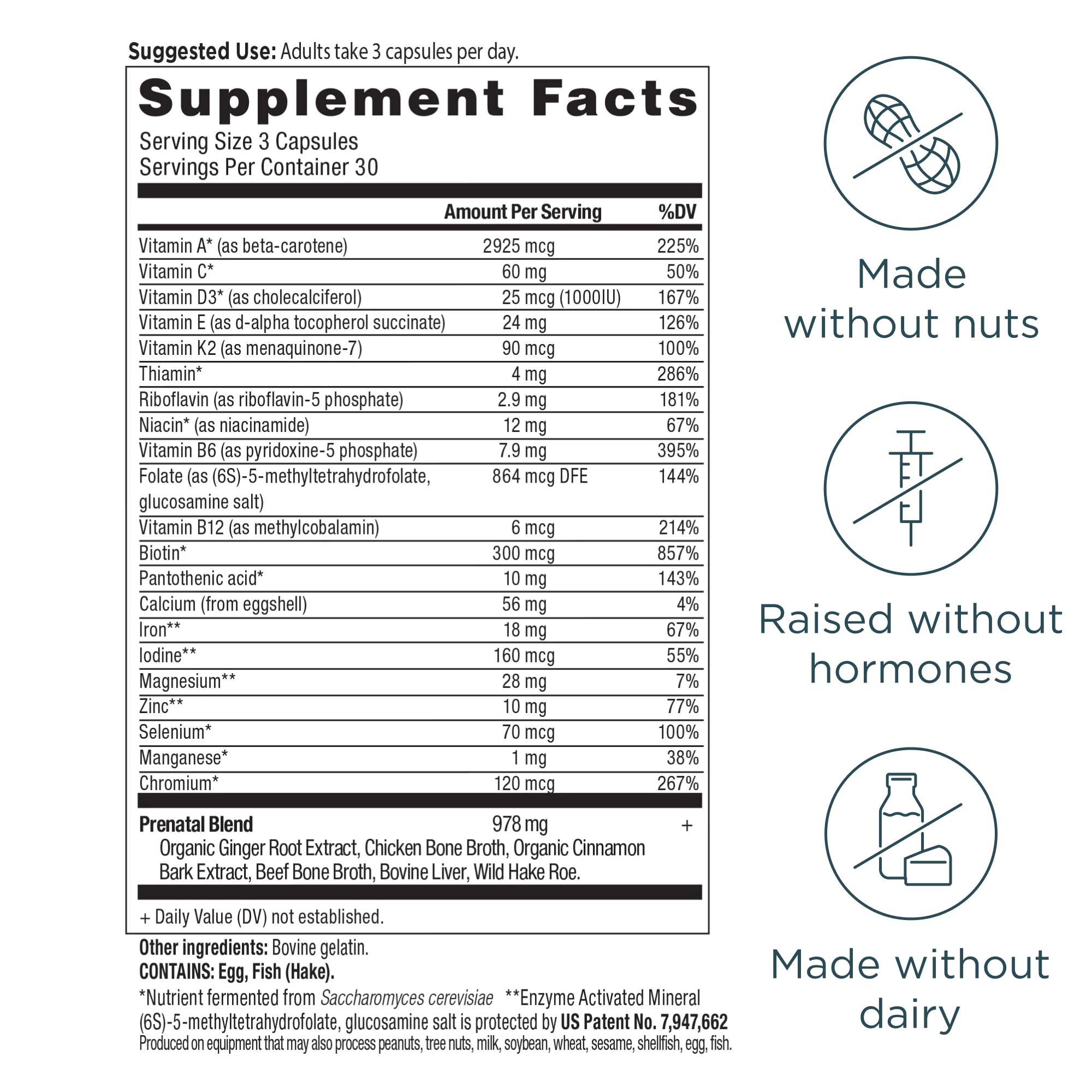 Supplement facts label with icons indicating 'Made without nuts', 'Raised without hormones', and 'Made without dairy'.