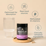 Multivitamin container with glass of water on a beige background, featuring text about product benefits.