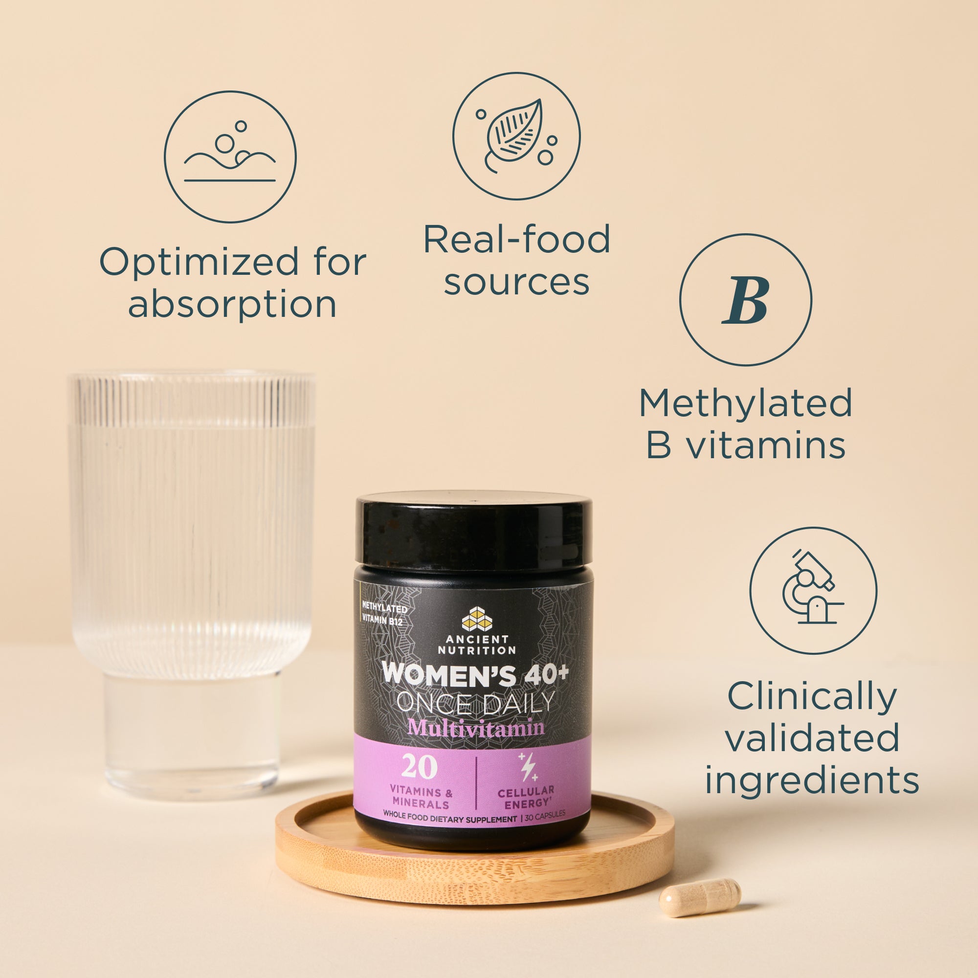 Multivitamin container with glass of water on a beige background, featuring text about product benefits.