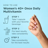 Multivitamin capsule with instructions on how to use Women's 40+ Once Daily Multivitamin on a light blue background.