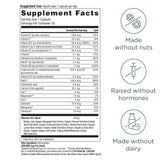 Supplement label with nutritional information and certification icons on a white background